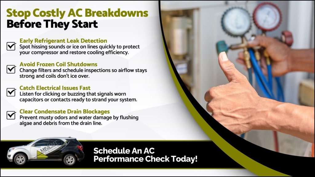 This is an image of an HVAC technician checking air-conditioning. Refrigerant the headline read stop costly AC breakdowns before they start.