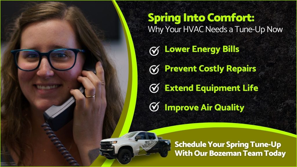 This is an image of an ambient air representative on the phone. The headline reads spring into comfort: your HVAC needs a tune up now.