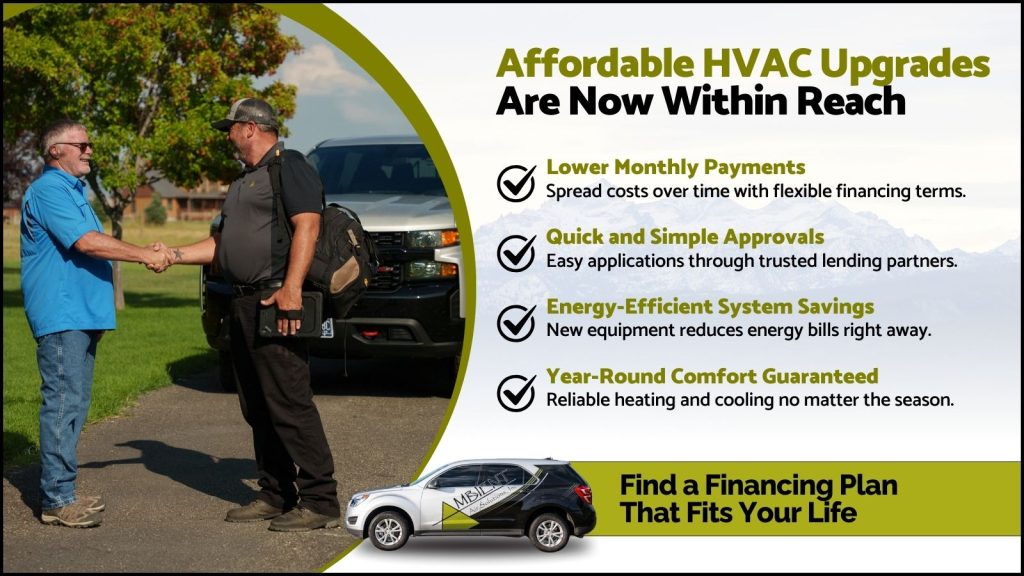 This is an image of an ambient air solutions technician shaking hands with a homeowner. The headline reads affordable HVAC upgrades are now within reach.