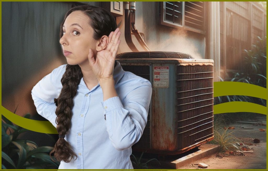 This is an image of an old air-conditioning unit, smoking in the background with a woman holding her ear, listening for the noises that are coming out of it
