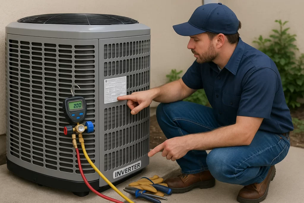 Technician pointing to inverter compressor on outdoor condenser unit.
