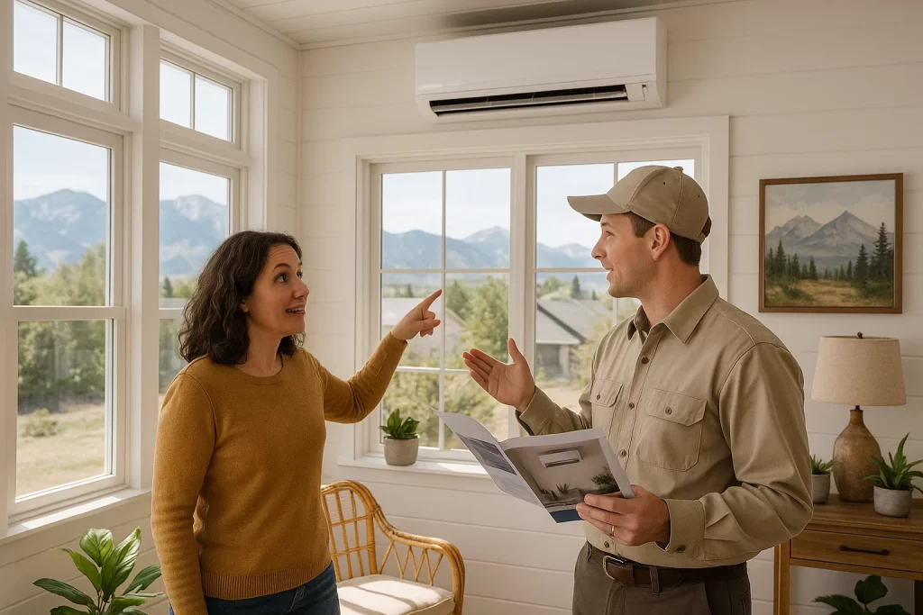 Homeowner discussing ductless mini split installation with technician in Helena home
