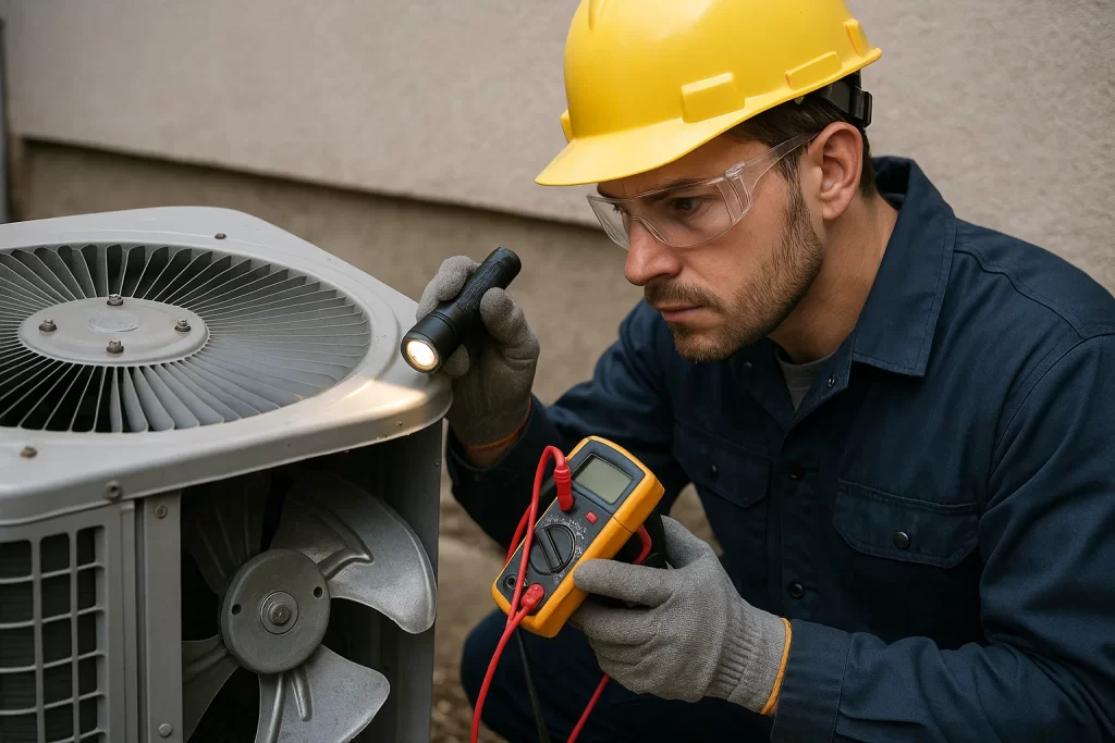 HVAC technician inspecting outdoor AC fan with multimeter