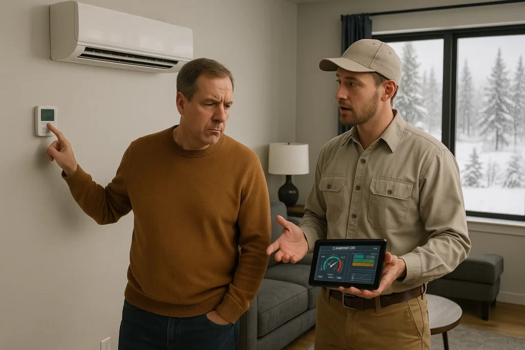 Homeowner and HVAC technician discussing mini split issues in Bozeman living room.