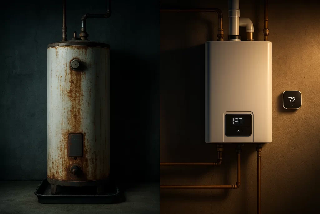 Comparison between old tank water heater and modern tankless unit in residential setting