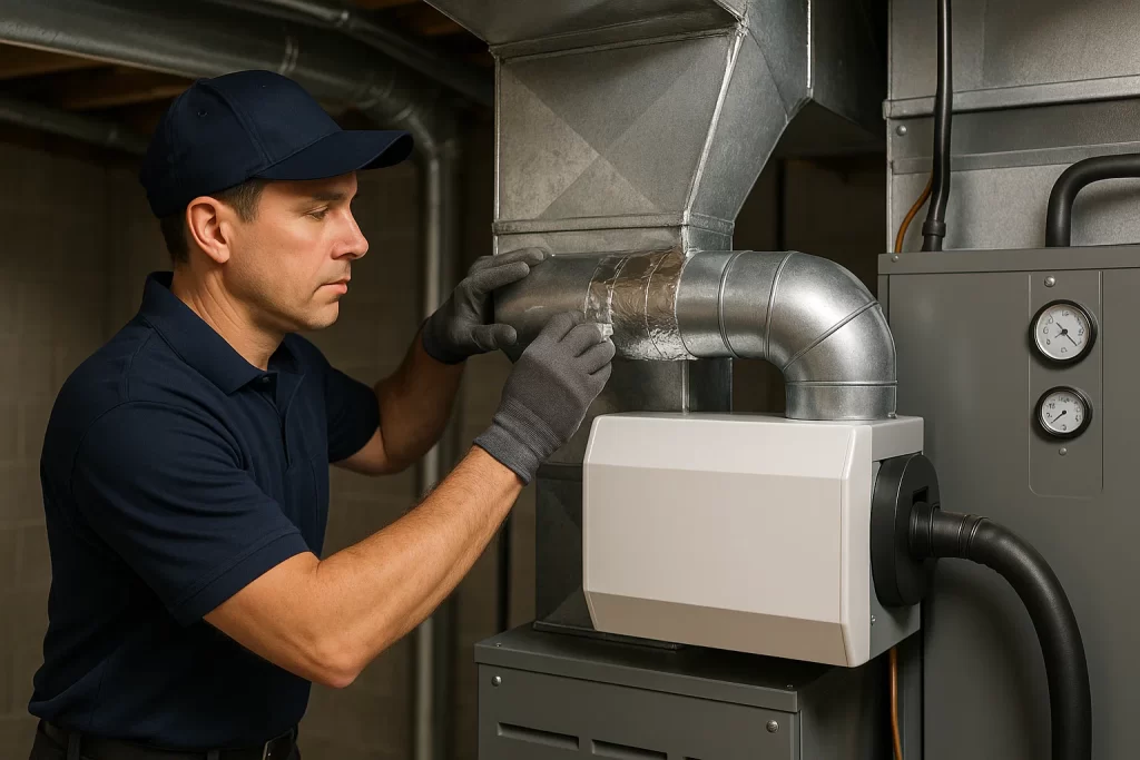  IAQ technician installing whole‑house air purifier in basement utility room
