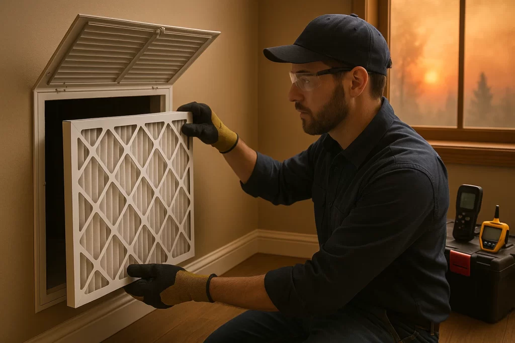 Technician installing high-efficiency air filter to protect indoor air during wildfire smoke