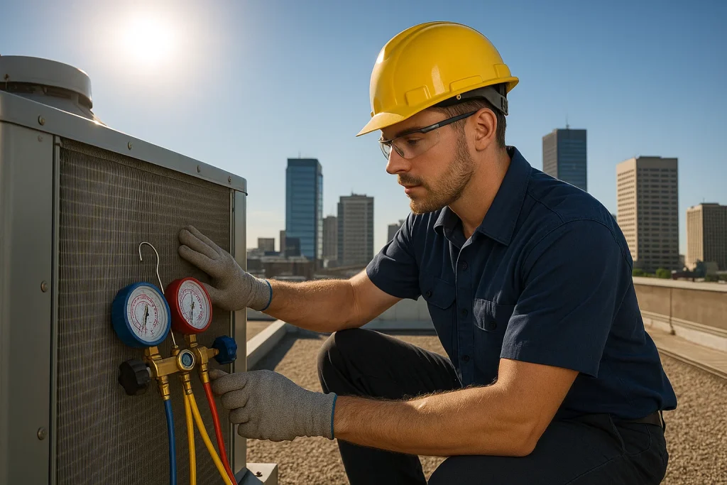 HVAC technician inspects large commercial condenser during late‑summer maintenance.