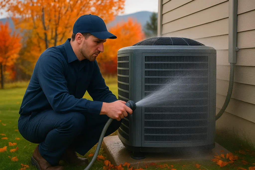 Technician rinses outdoor heat pump coils gently with garden hose amid cleared autumn foliage in Helena
