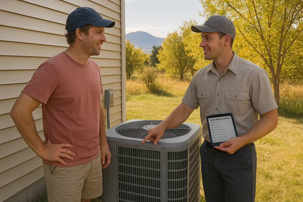Homeowner and technician reviewing AC maintenance checklist on a tablet in a Montana backyard