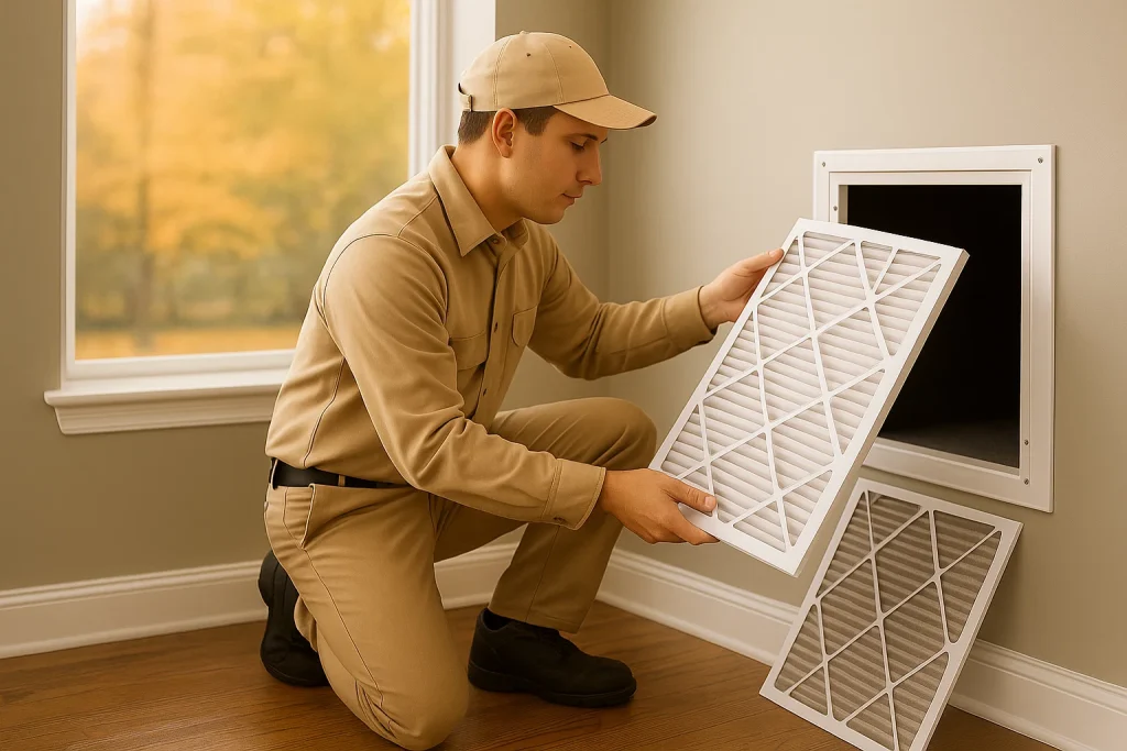 HVAC tech technician rep replacing a air exchange filter