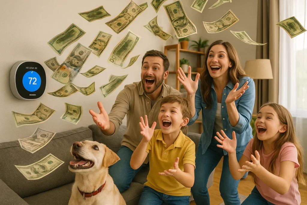 An image of a family catching flying money emanating from their smart thermometer.