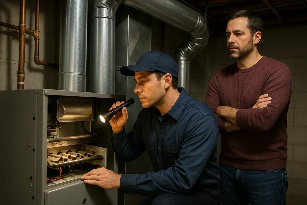 Technician inspecting gas furnace burners during winter safety check