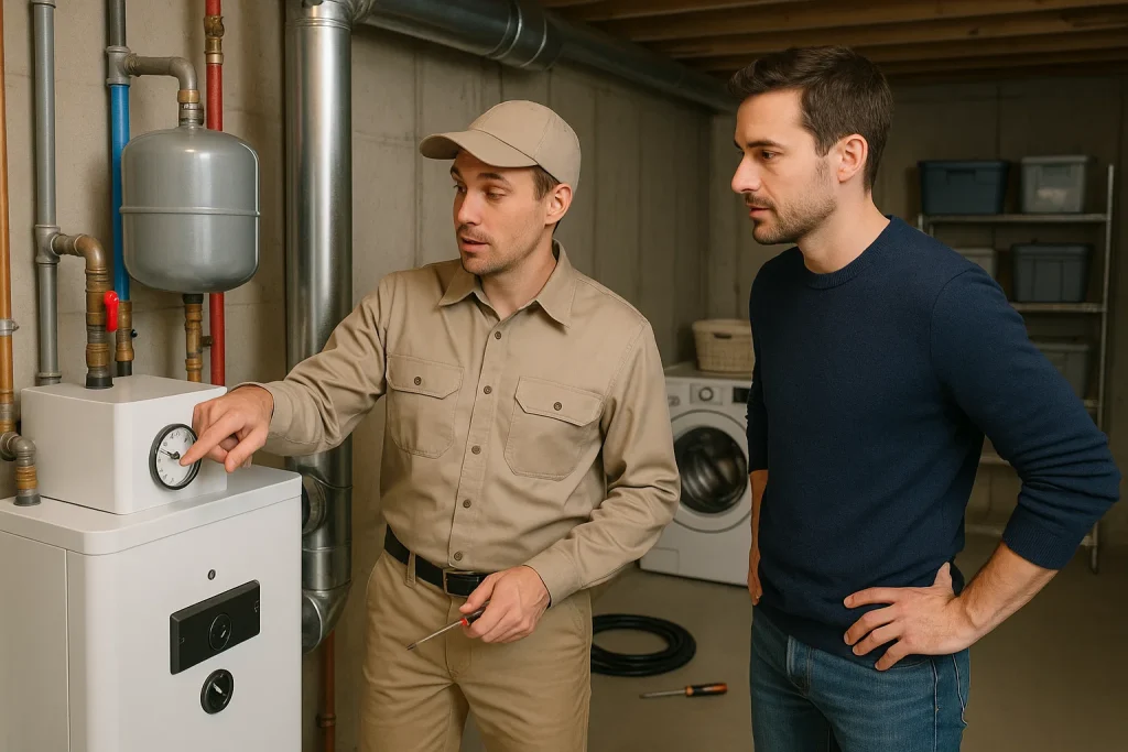 Technician inspects boiler pressure gauge in clean basement utility space