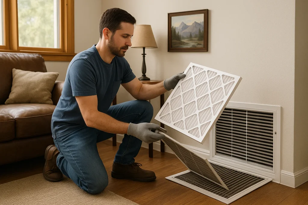 Replacing dirty air filter to improve airflow during heating prep