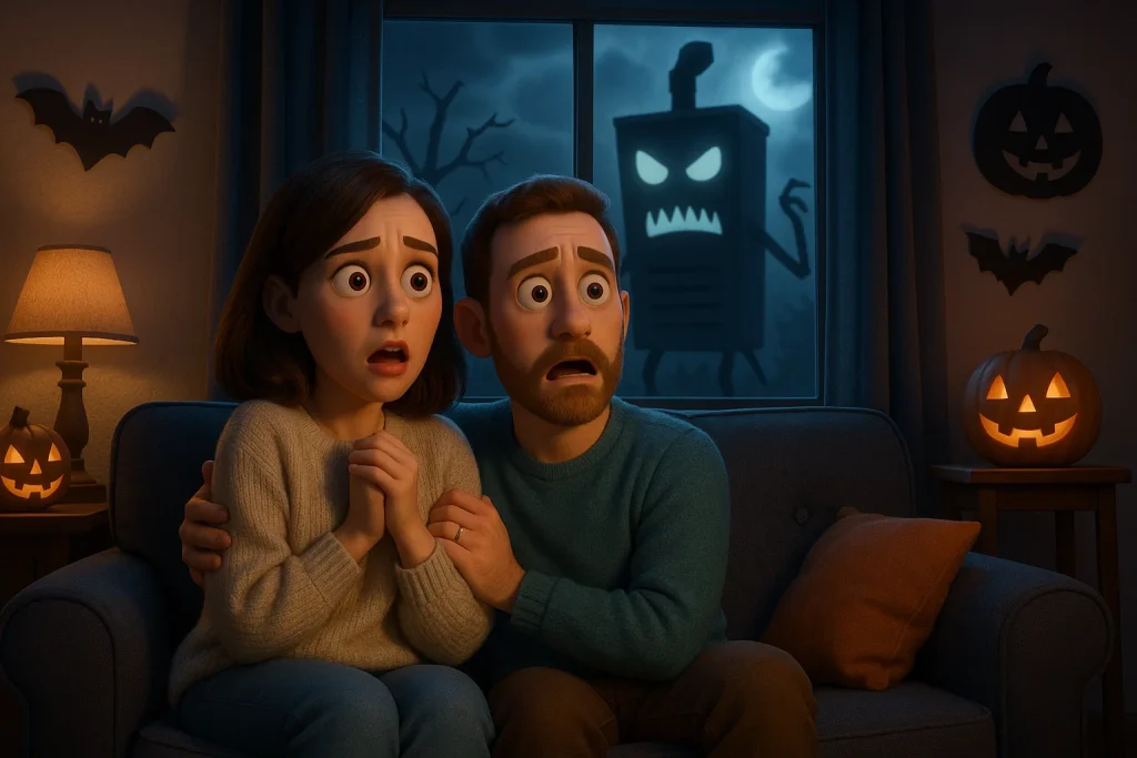 Image of a frightened, cartoon style couple sitting on their couch with a creepy old furnace out the window.