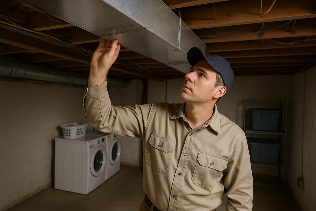 Technician inspects ductwork and vent for leaks causing poor indoor air