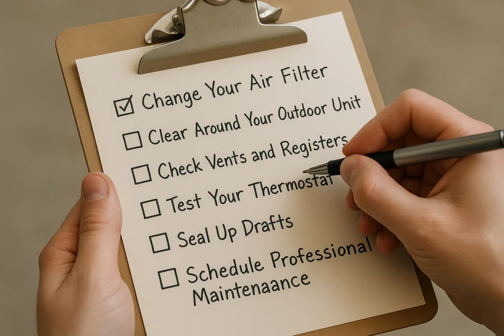 A person checking off heating maintenance list.