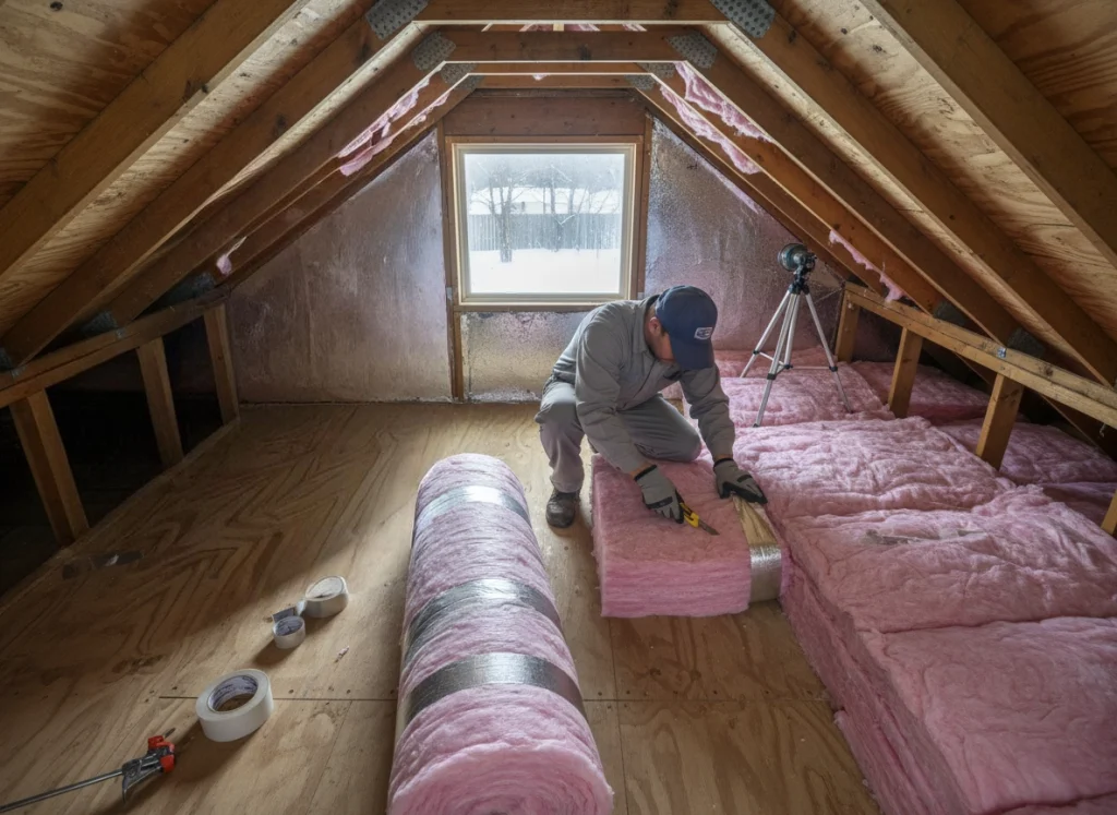 Technician installing insulation and sealing air leaks in attic of cold‑climate home before winter
