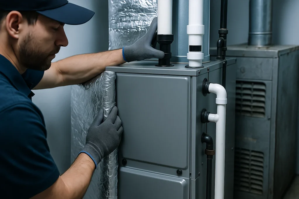 High‑efficiency furnace with AFUE 98% label being installed during fall upgrade while old unit remains nearby.