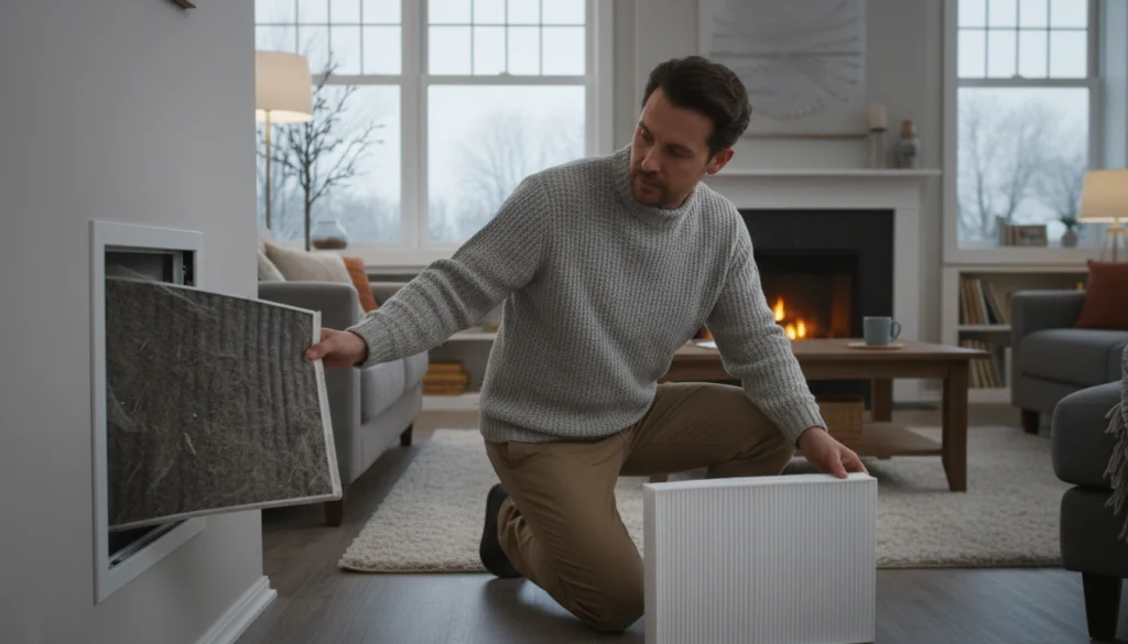 Homeowner replacing dusty HVAC filter with new pleated air filter in winter home