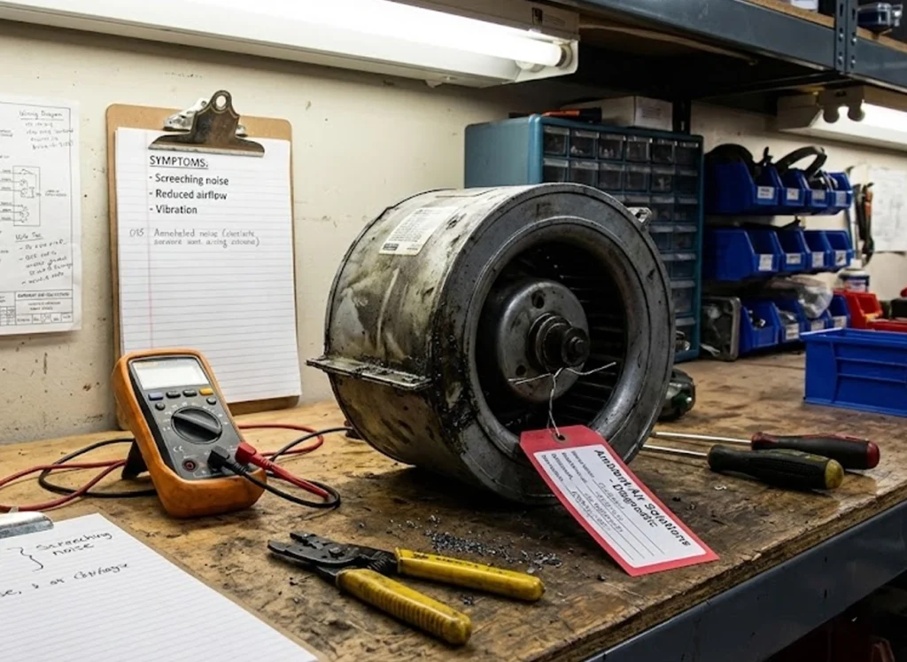 Removed HVAC blower motor on workbench with diagnostic tools and symptom checklist