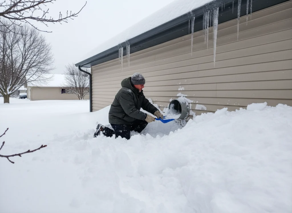 blocked boiler air intake vent winter snow