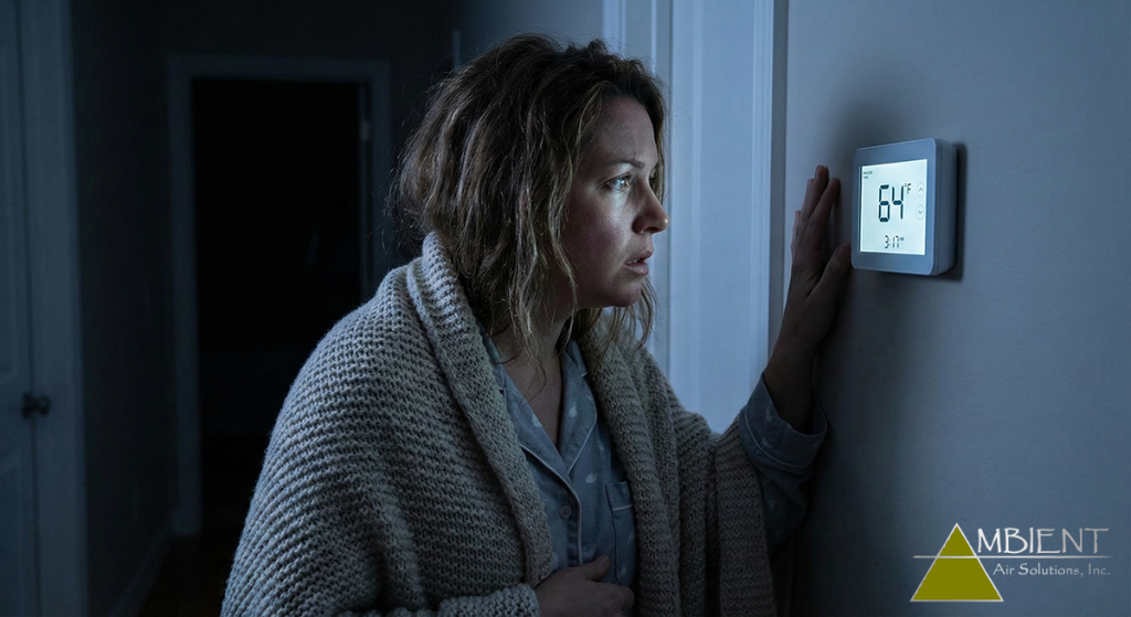 A concerned woman checks her thermostat in the middle of the night