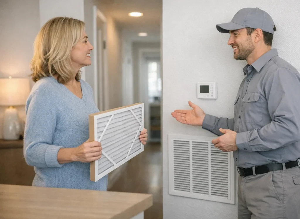 HVAC technician explains tune up and filter replacement to homeowner in Bozeman MT