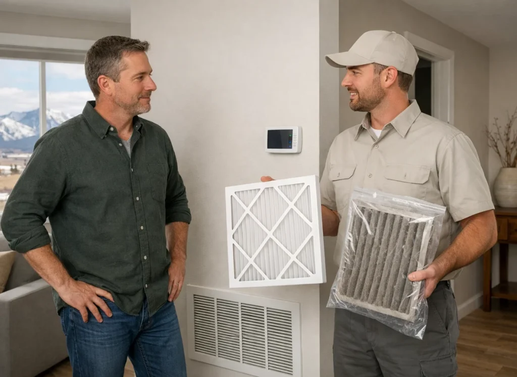 HVAC technician explains stuffy air and replaces filter for homeowner