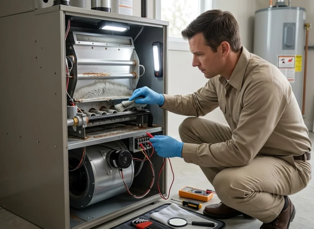 HVAC technician inspecting furnace for moisture damage in Bozeman home