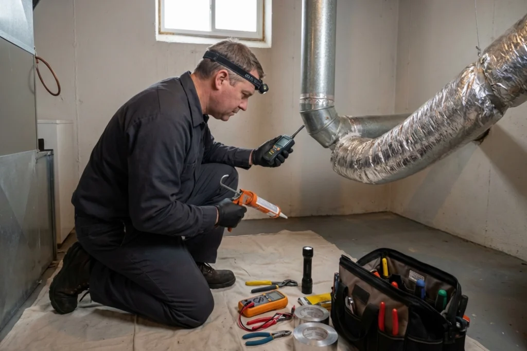 HVAC technician inspecting duct leaks in older Helena home