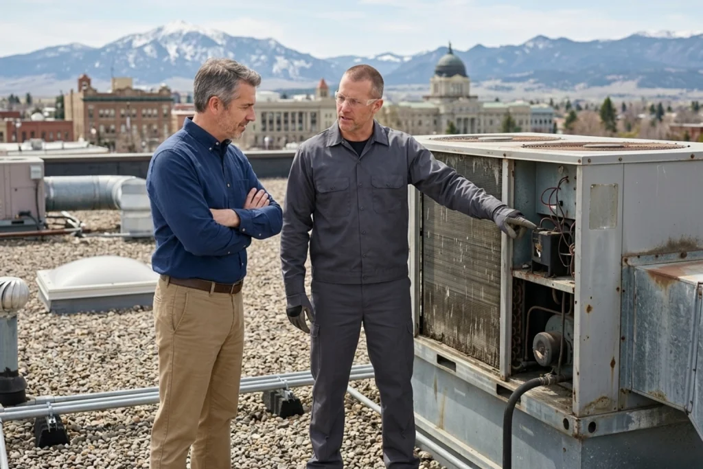 Business owner discussing commercial HVAC replacement with technician
