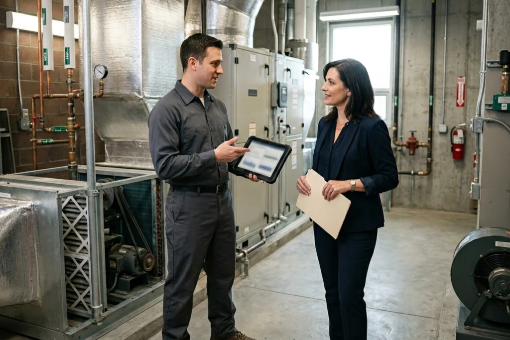 Property manager reviewing commercial HVAC maintenance report