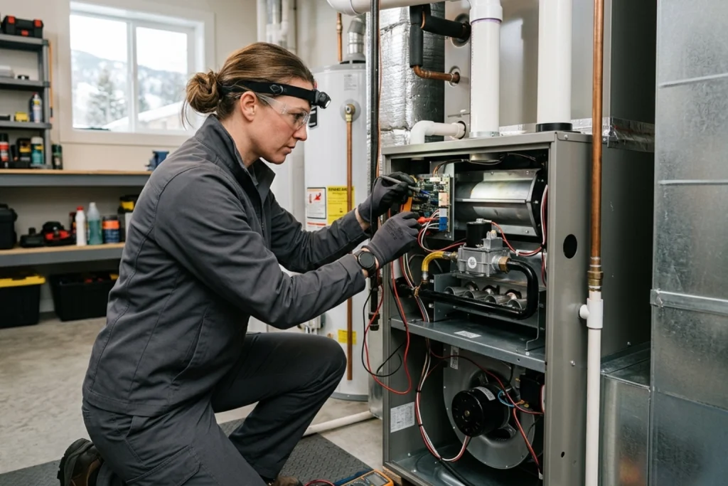 HVAC technician inspecting high-efficiency furnace system