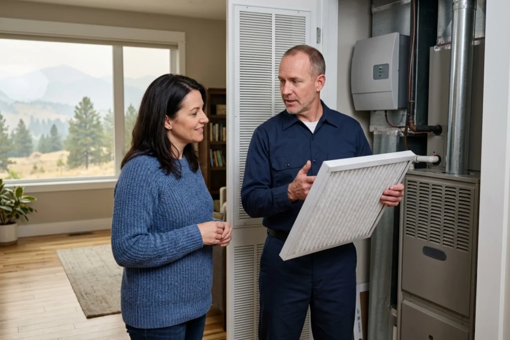Homeowner comparing air purifier and high-MERV filter options