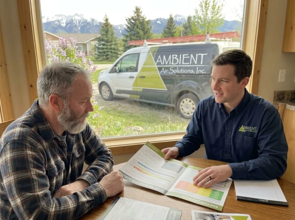 A homeowner and an HVAC tech discussing SEER2 ratings and what they mean.