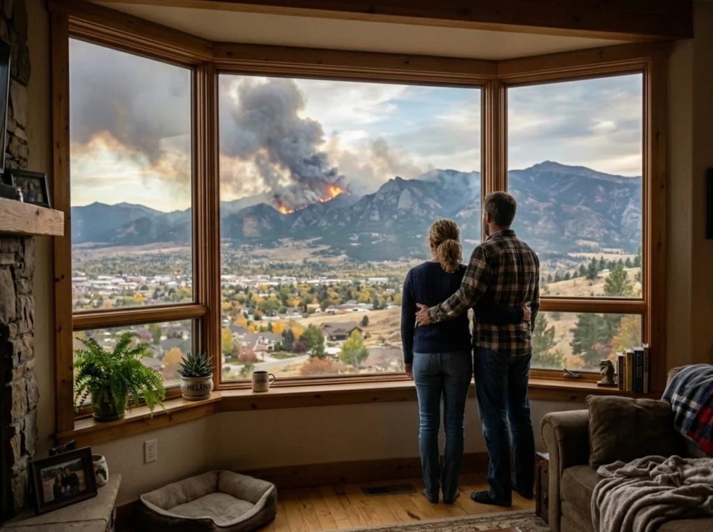 Homeowners looking at a window at a wildfire in the distance.