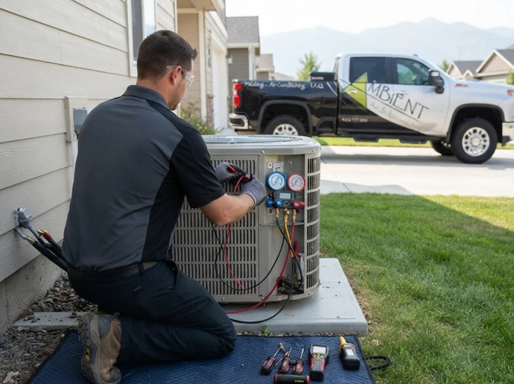 HVAC technician diagnosing a central air conditioner in Helena