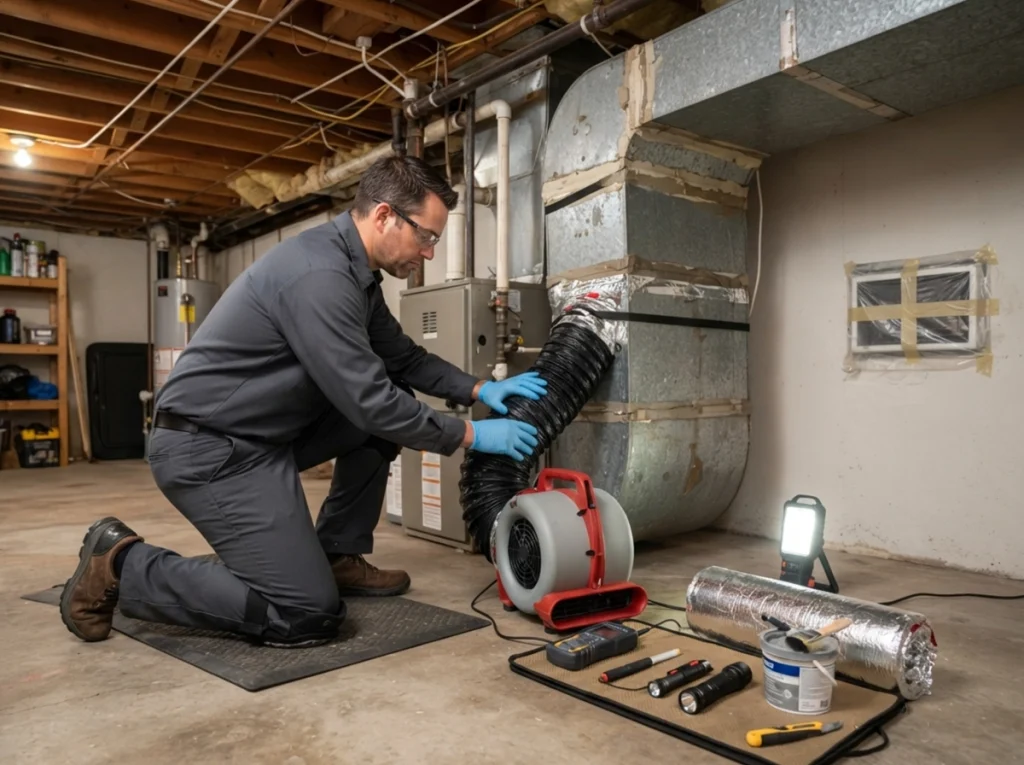 HVAC technician performing duct leakage testing in an older home