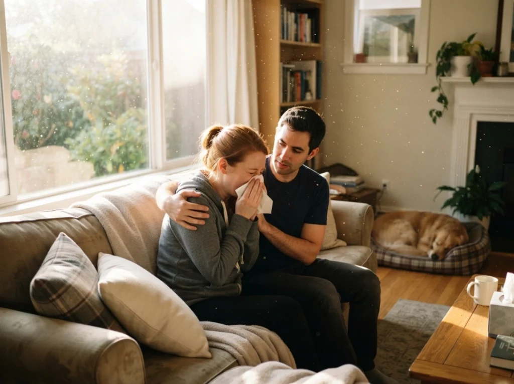 A husband consoling allergy stricken wife as she suffers an allergy attack.