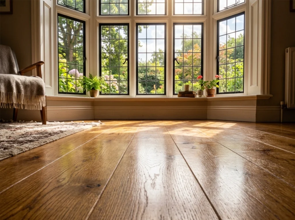 A beautiful hardwood floor and a nice mid-century home.