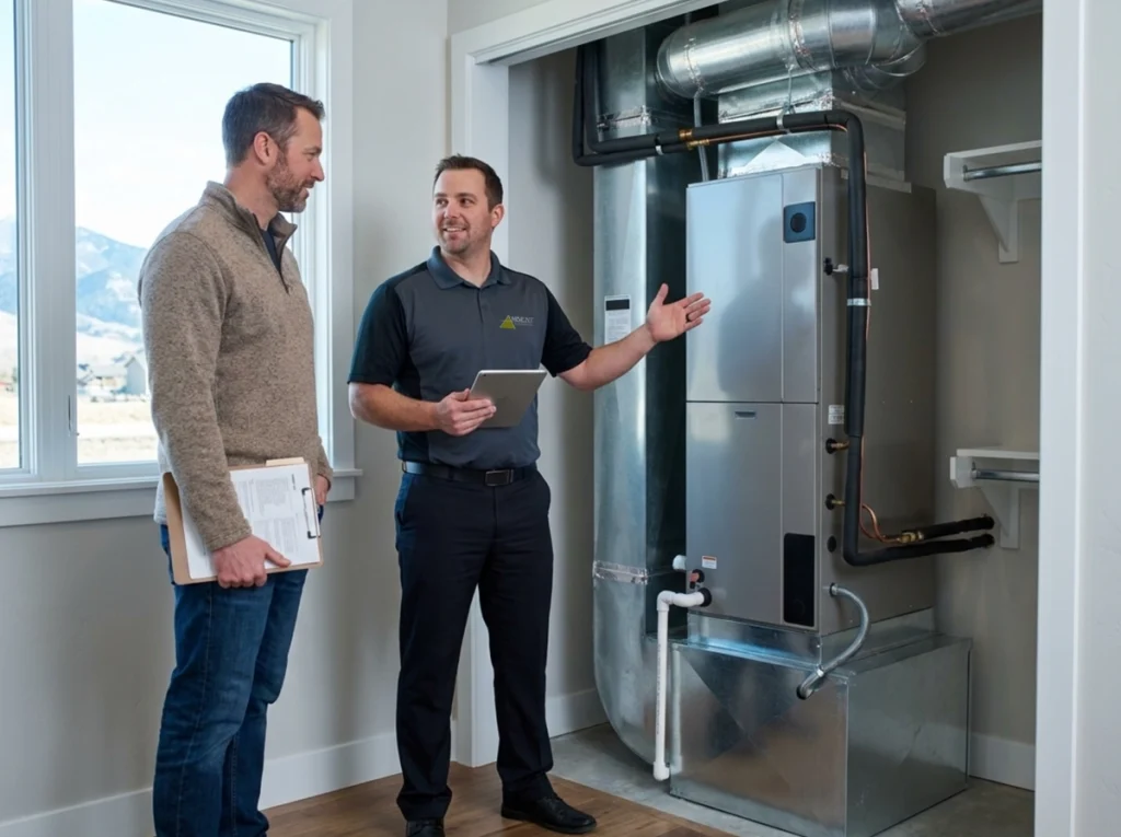 Bozeman homeowner discussing HVAC rebates for high-efficiency system upgrade